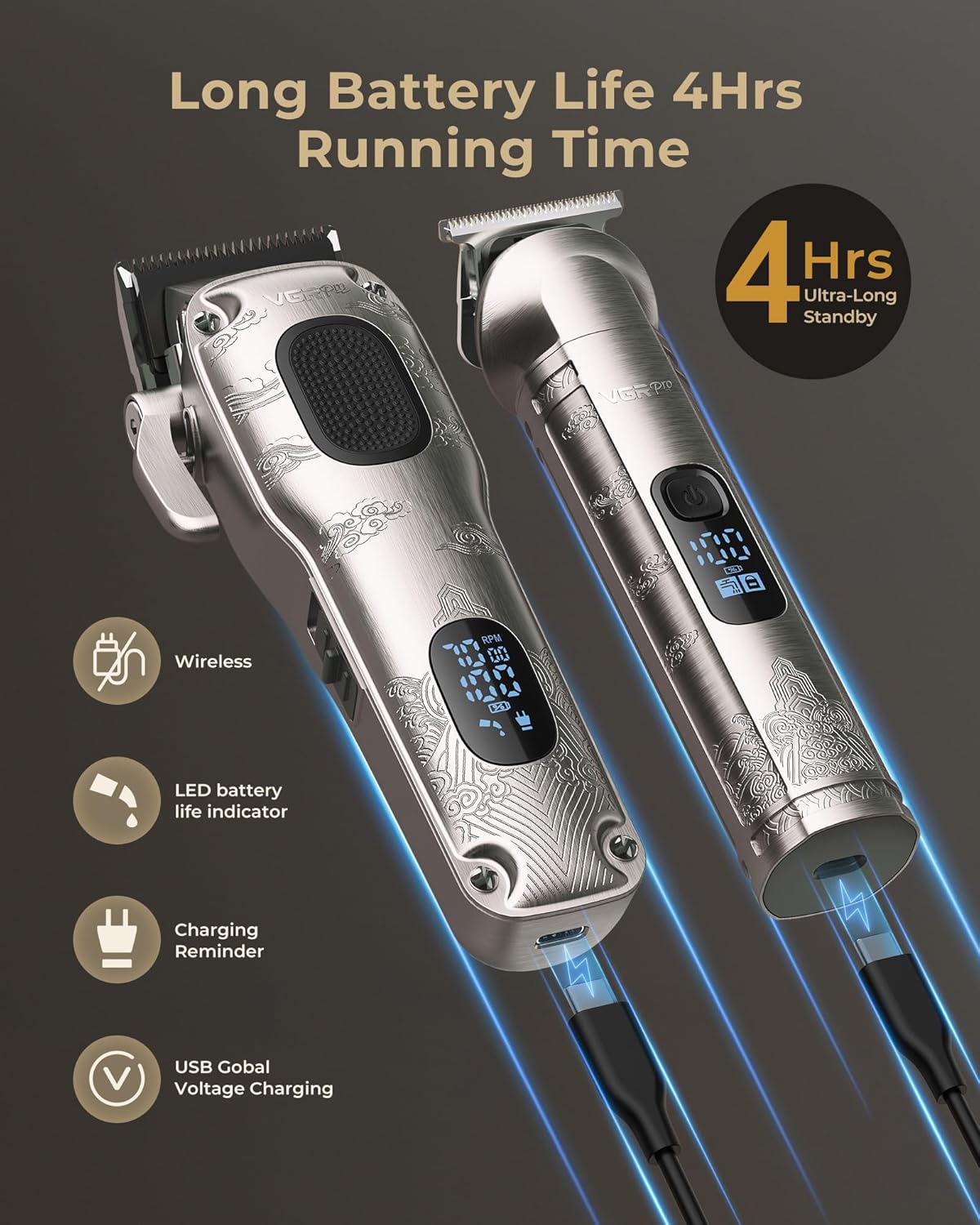 Thumbnail 4 de VGRPRO Hair Clippers Men Professional set with T-blade trimmer (USB rechargeable, silver)