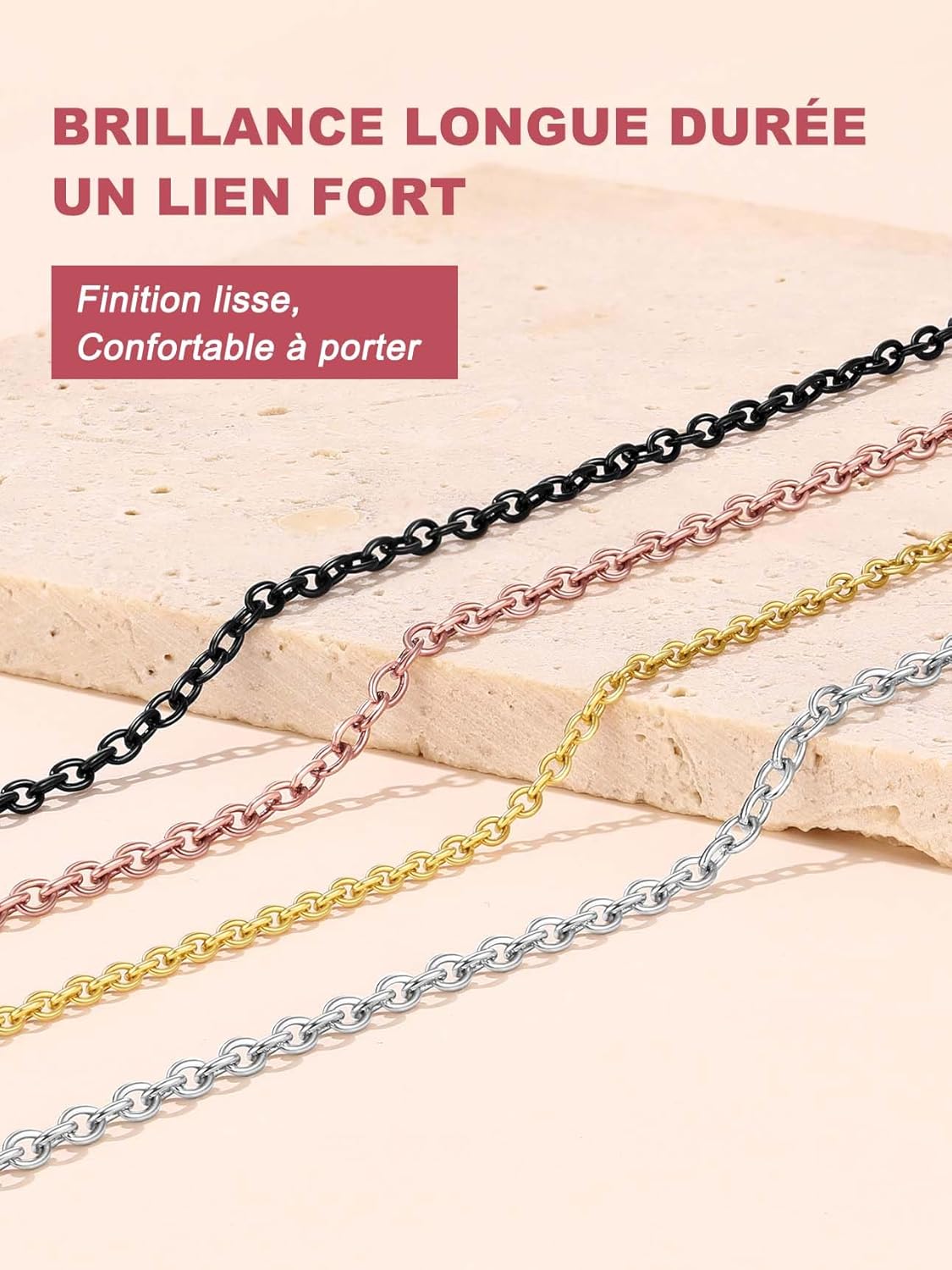 Detalle de FOCALOOK Chaîne Collier Femme 2.5mm—Acier Inoxydable, Plaqué Or/Jour Argent/Nor/Rose | Longueur 45 cm + 5 cm
