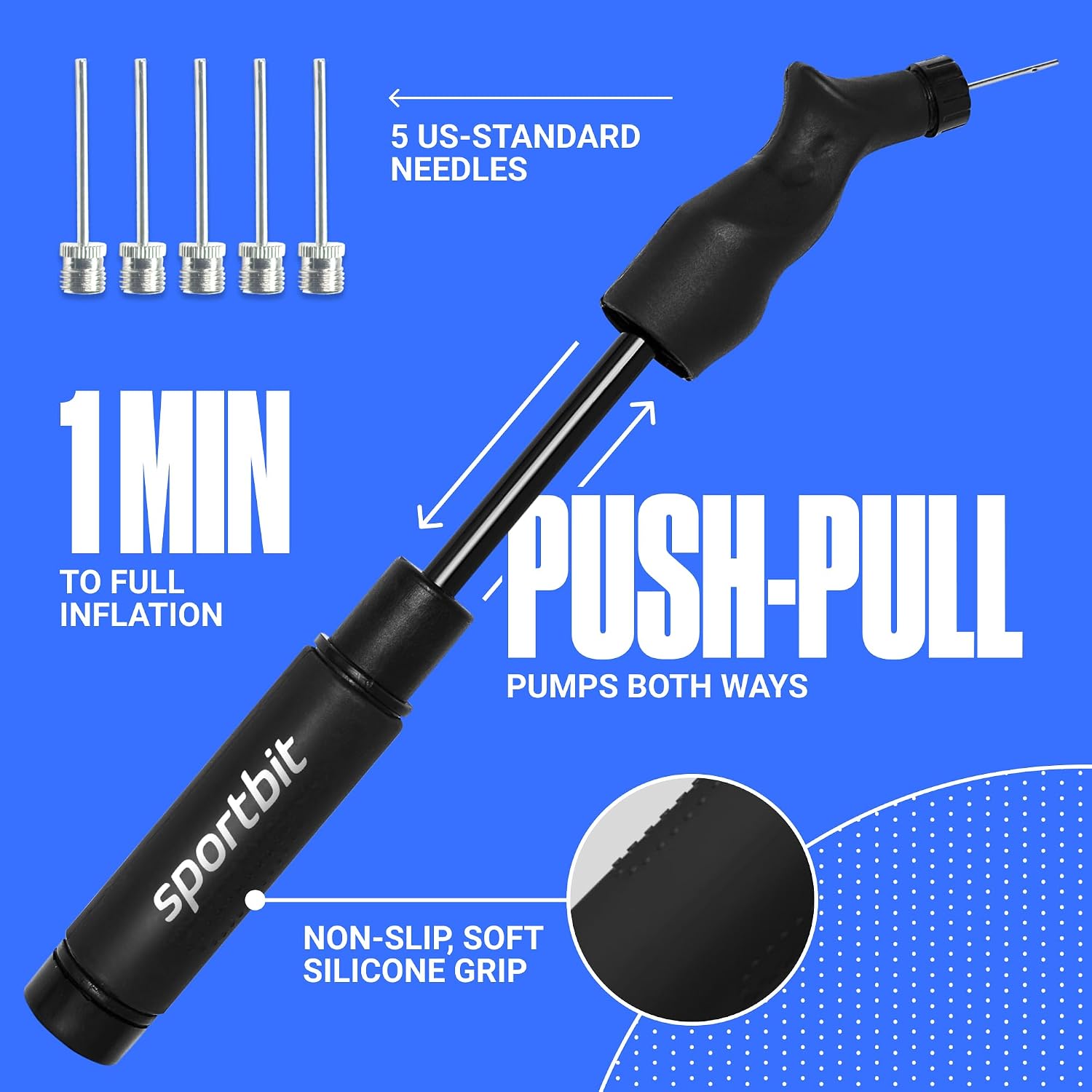 Detalle de SPORTBIT Ball Pump for Sports Balls with Push & Pull Inflation — Includes 5 Needles