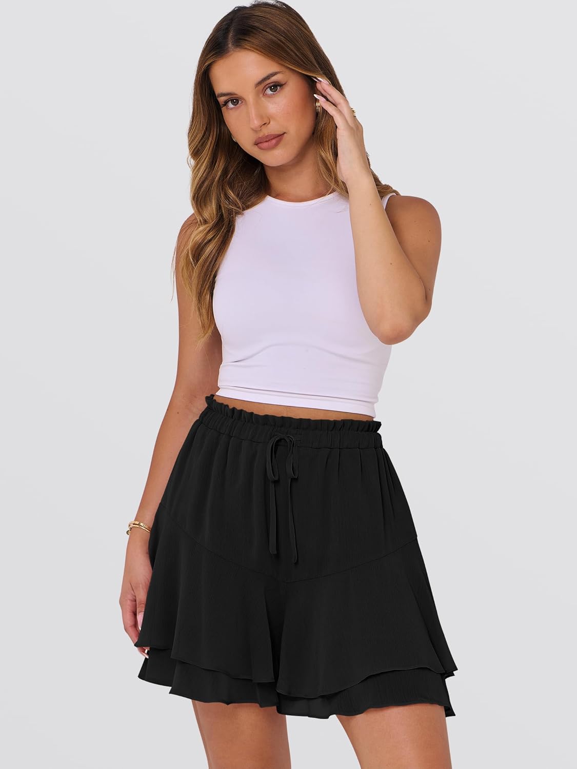 Thumbnail 5 de Caracilia Women’s Boho Skorts (Floral Ruffle Chiffon Mini Skirts) with Elastic Waist & Adjustable Drawstring