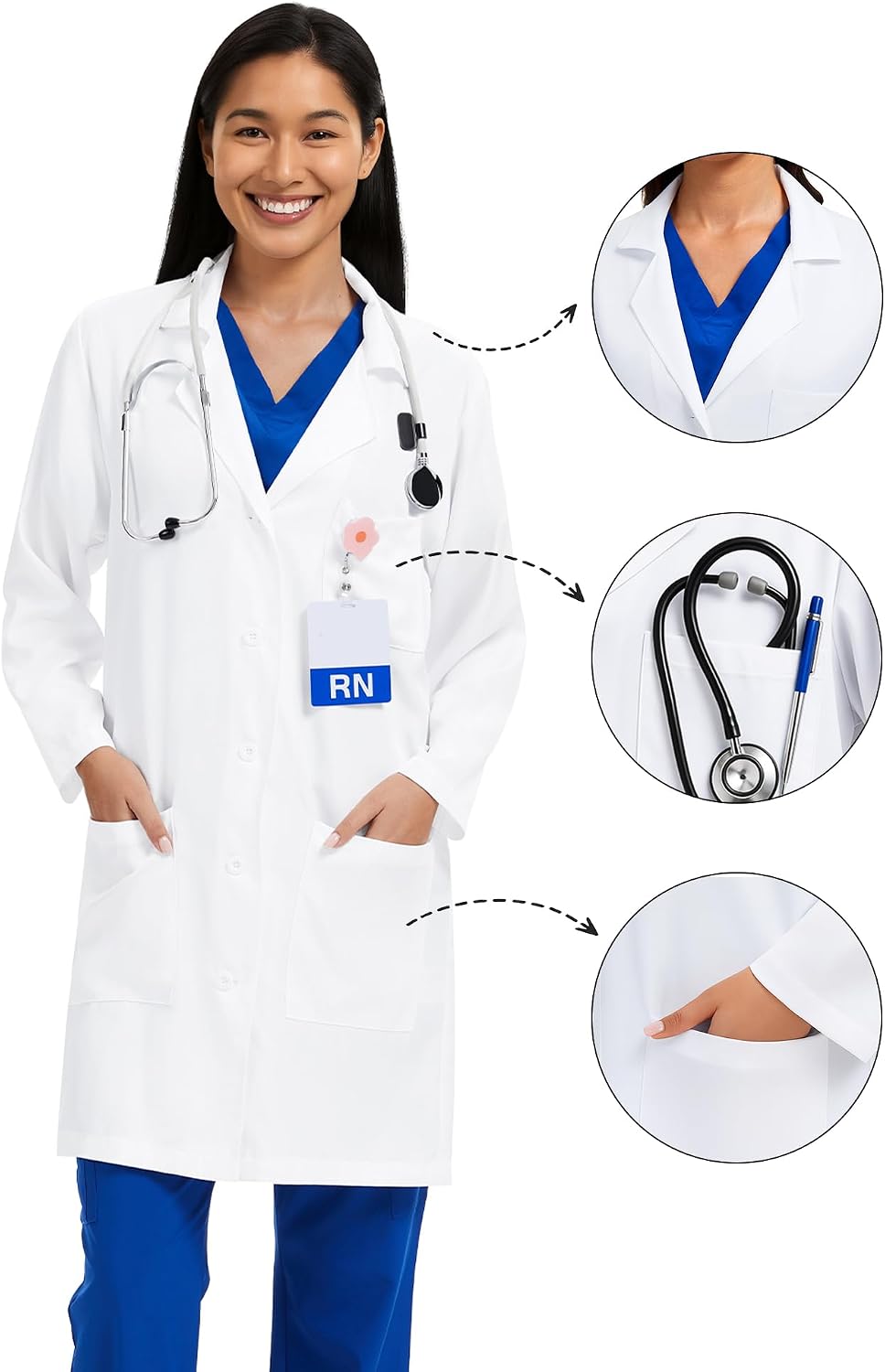 Detalle 1 de Floralhue Women's Lab Coat, White Polyester, 3 Pockets, Relaxed Fit