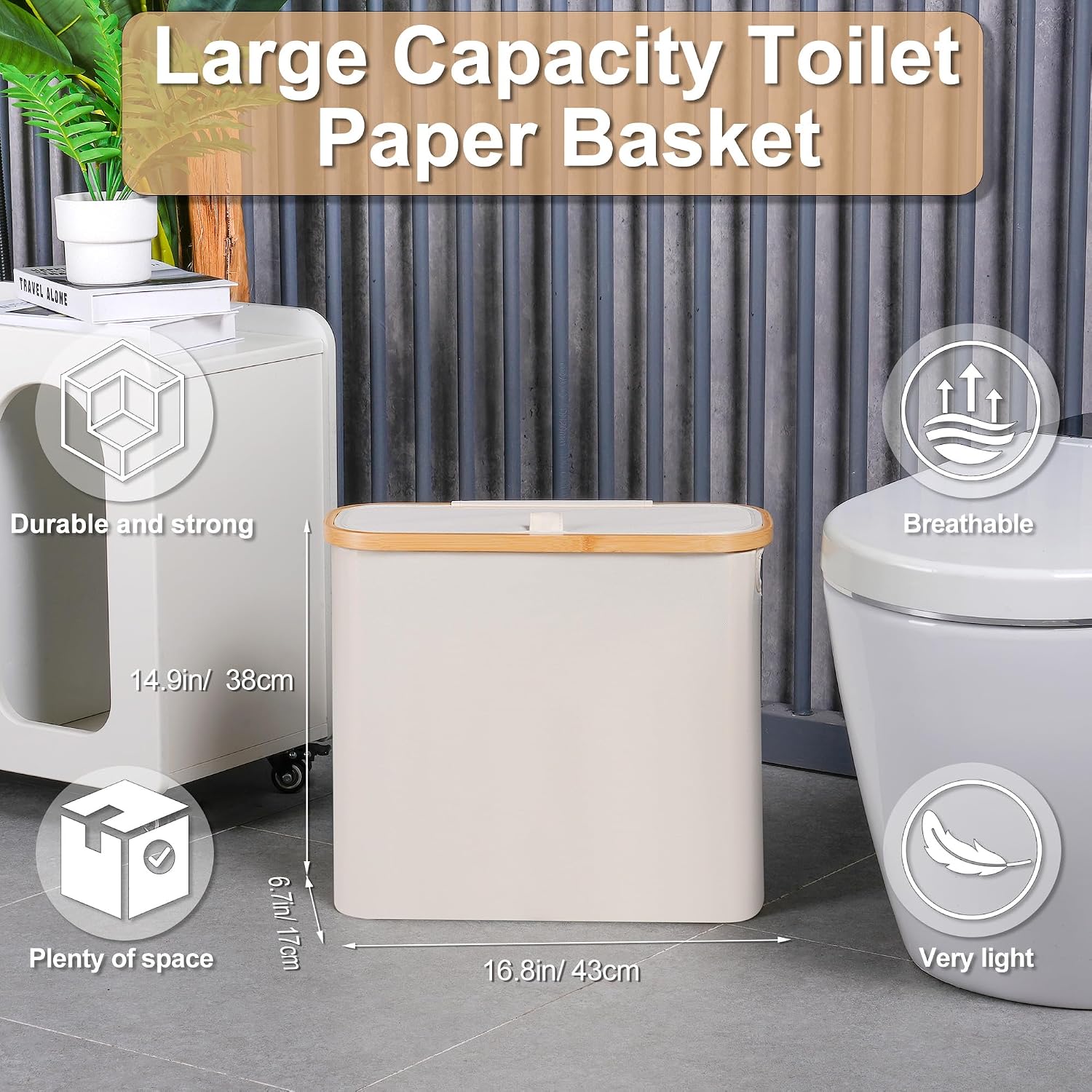 Thumbnail 1 de efluky 28L Toilettenpapier Aufbewahrung Korb mit Deckel – Bambus, schmaler Stellkorb für 9–12 Rollen, Beige