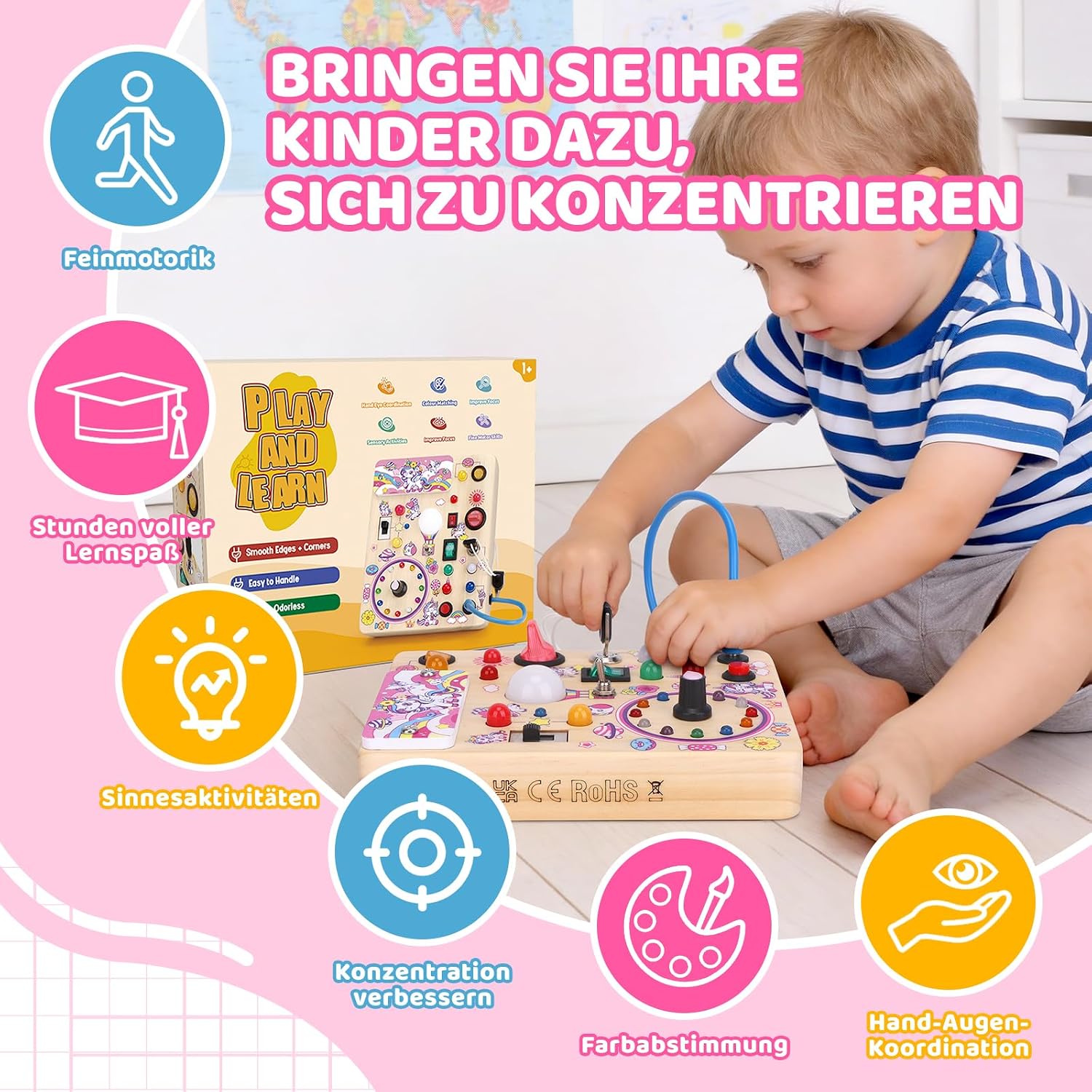 Detalle de Konijiwa Einhorn Montessori Busy Board – Holzspielzeug mit 10 Schaltern und 23 LEDs, ab 1 Jahr