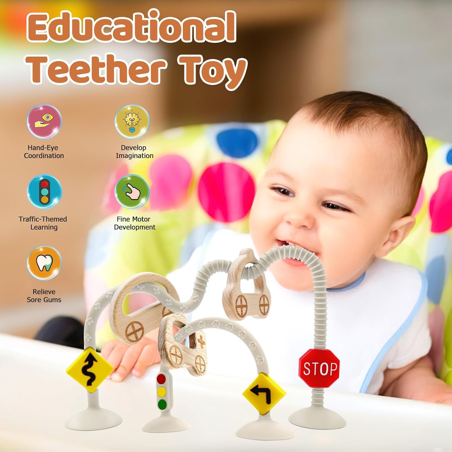 Detalle 2 de Montessori traffic-themed suction cup sensory toy with car wooden ring (6–12 months)