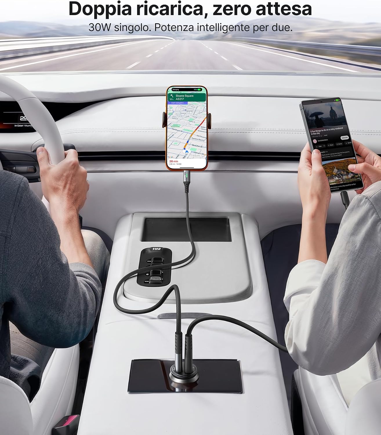Detalle 2 de INIU caricatore auto 60W con USB-C PD e QC 3.0, doppia porta per ricarica rapida