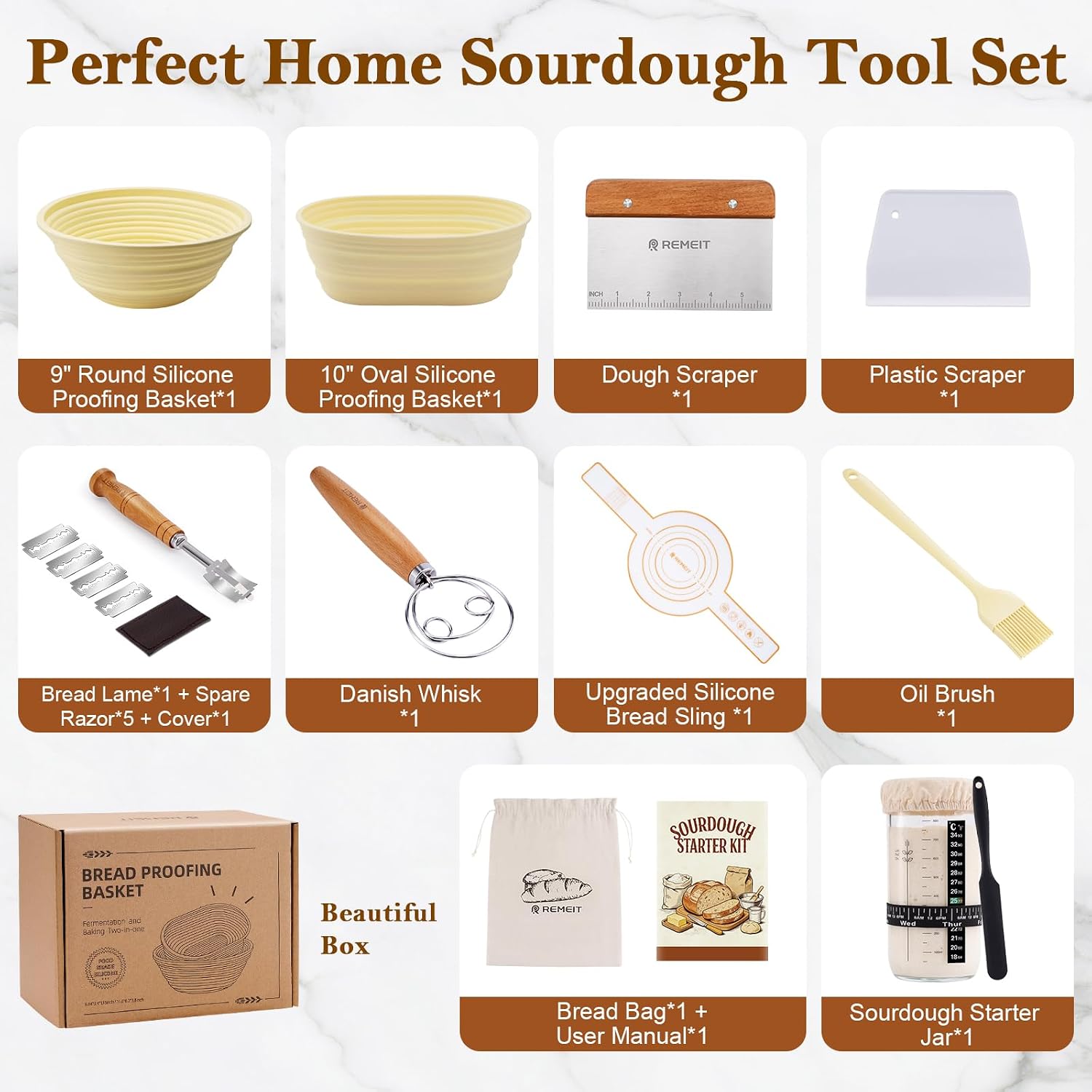 Thumbnail 1 de REMEIT NGRY229A10A#US Sourdough Starter Kit with Silicone Proofing Baskets