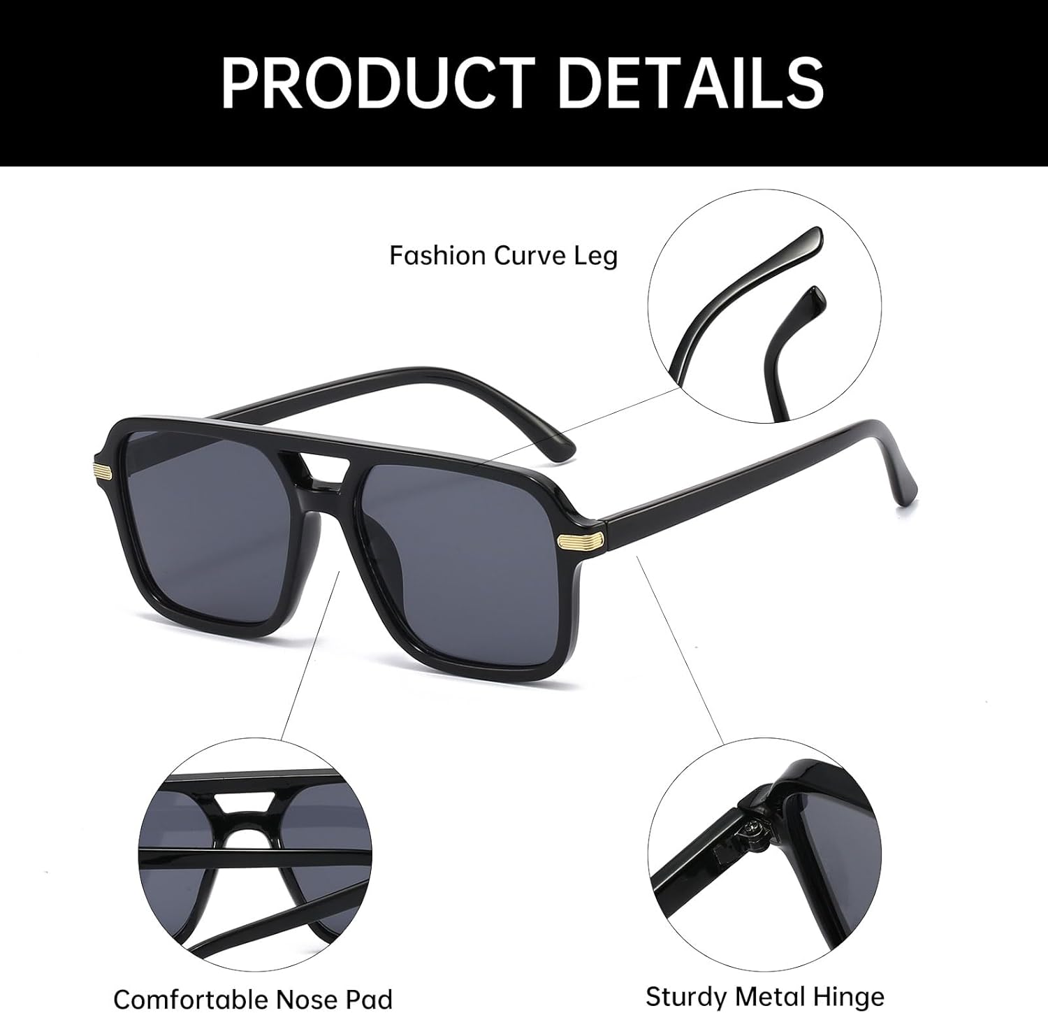 Thumbnail 5 de YAMEIZE 70er Rechteck Sonnenbrille mit Doppelbrücke – UV400, polarisiert, Vintage Pilot Stil