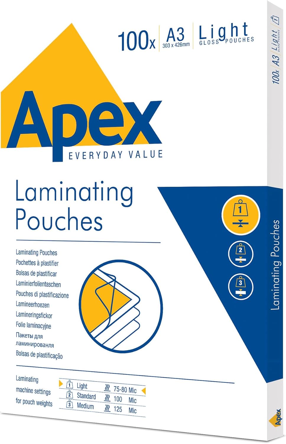 Fellowes Apex A3 Laminating Pouches (Glossy Finish) – 100 Sheets, 160 Micron (2 x 80 Micron), Light Duty