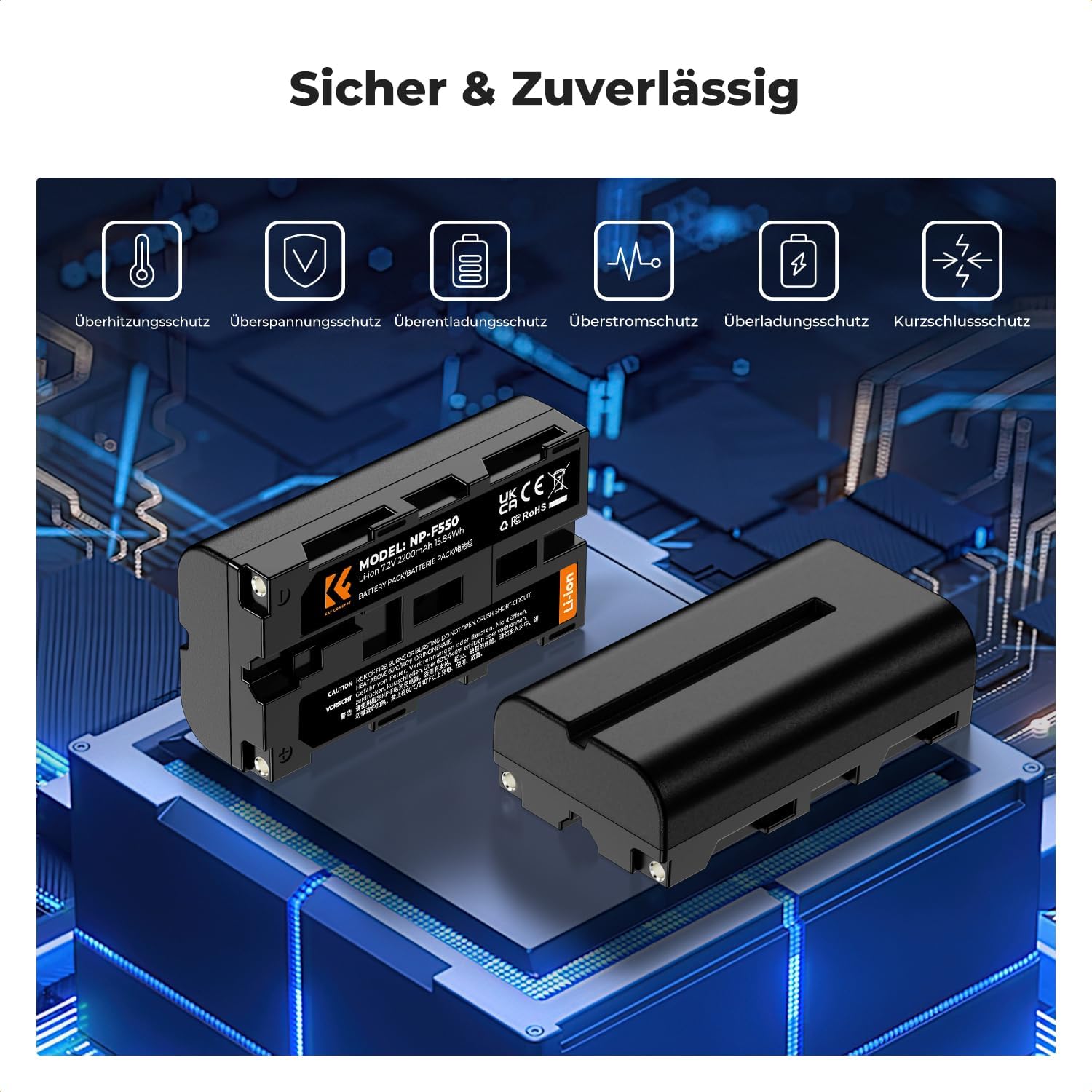 Thumbnail 4 de K&F CONCEPT NP-F550 2er-Pack (2600mAh) + Dual-LED-Ladegerät-Kit für Sony NP-F550/F570