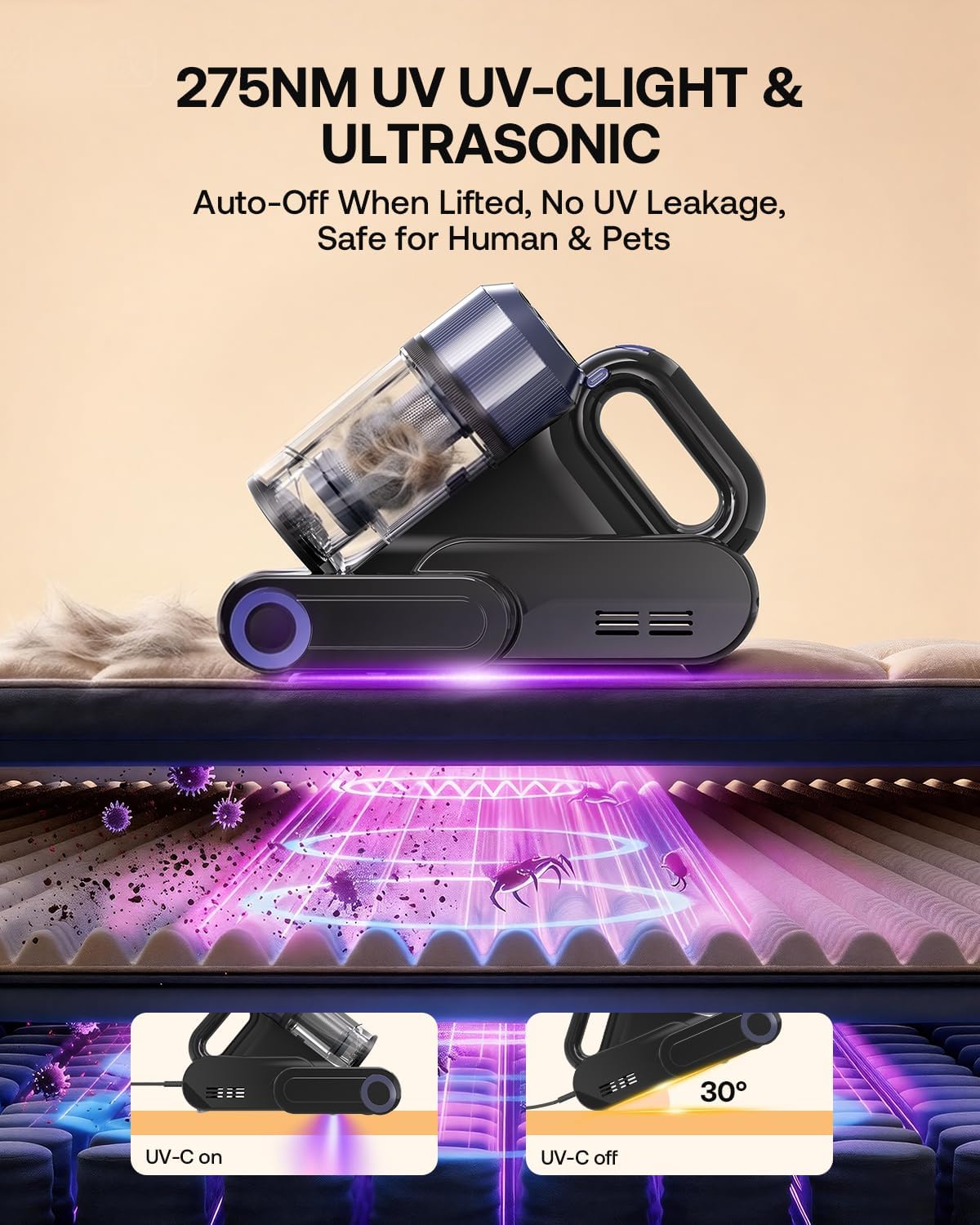 Thumbnail 6 de Mattress Vacuum Cleaner with 275nm UV-C Light & 149℉ Heat — 16Kpa Suction for Pet Hair, Smart Dust Sensor, and Aromatherapy