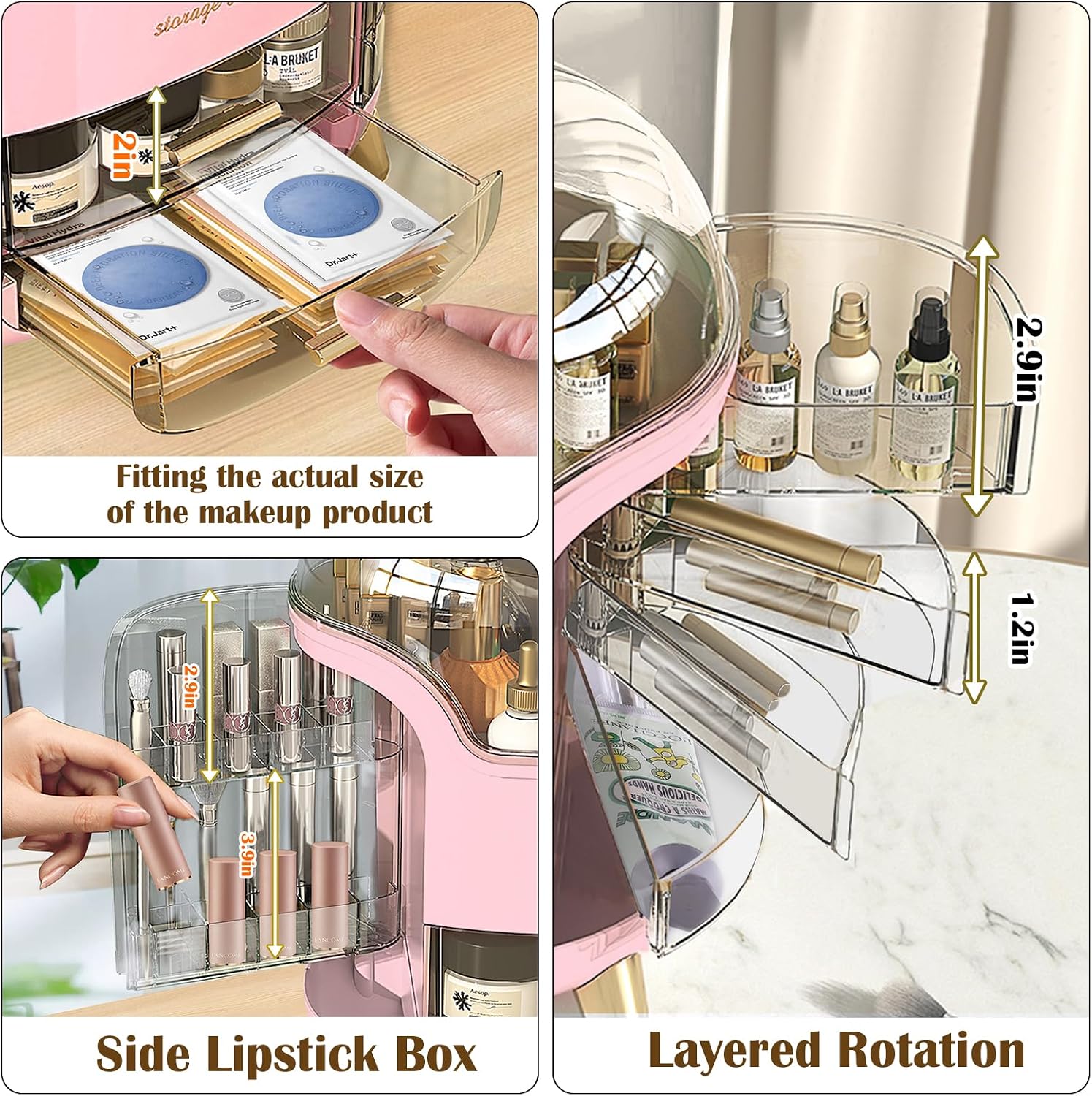 Thumbnail 2 de LZDMY Makeup Storage Organiser with Clear Lid (Pink) – Dustproof waterproof drawers for bathroom & dressing table
