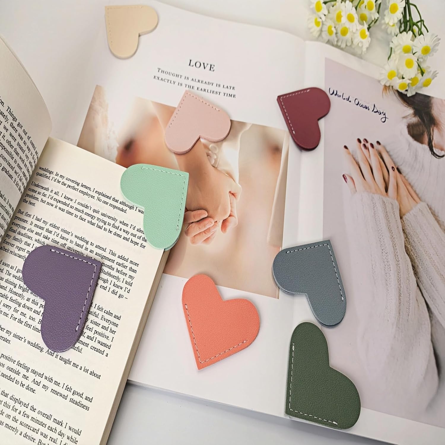 Detalle 2 de OOEOO PU Leather Heart Corner Bookmarks, 8-Piece Multicolor Set