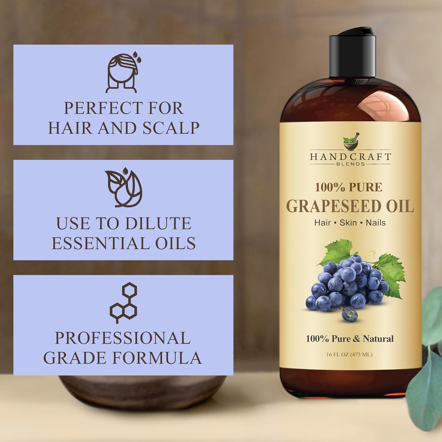 Detalle de Handcraft Blends Grapeseed Oil (Cold-Pressed, Hexane-Free) | 100% Pure Carrier Oil for Skin, Hair & Massage | 16 fl oz