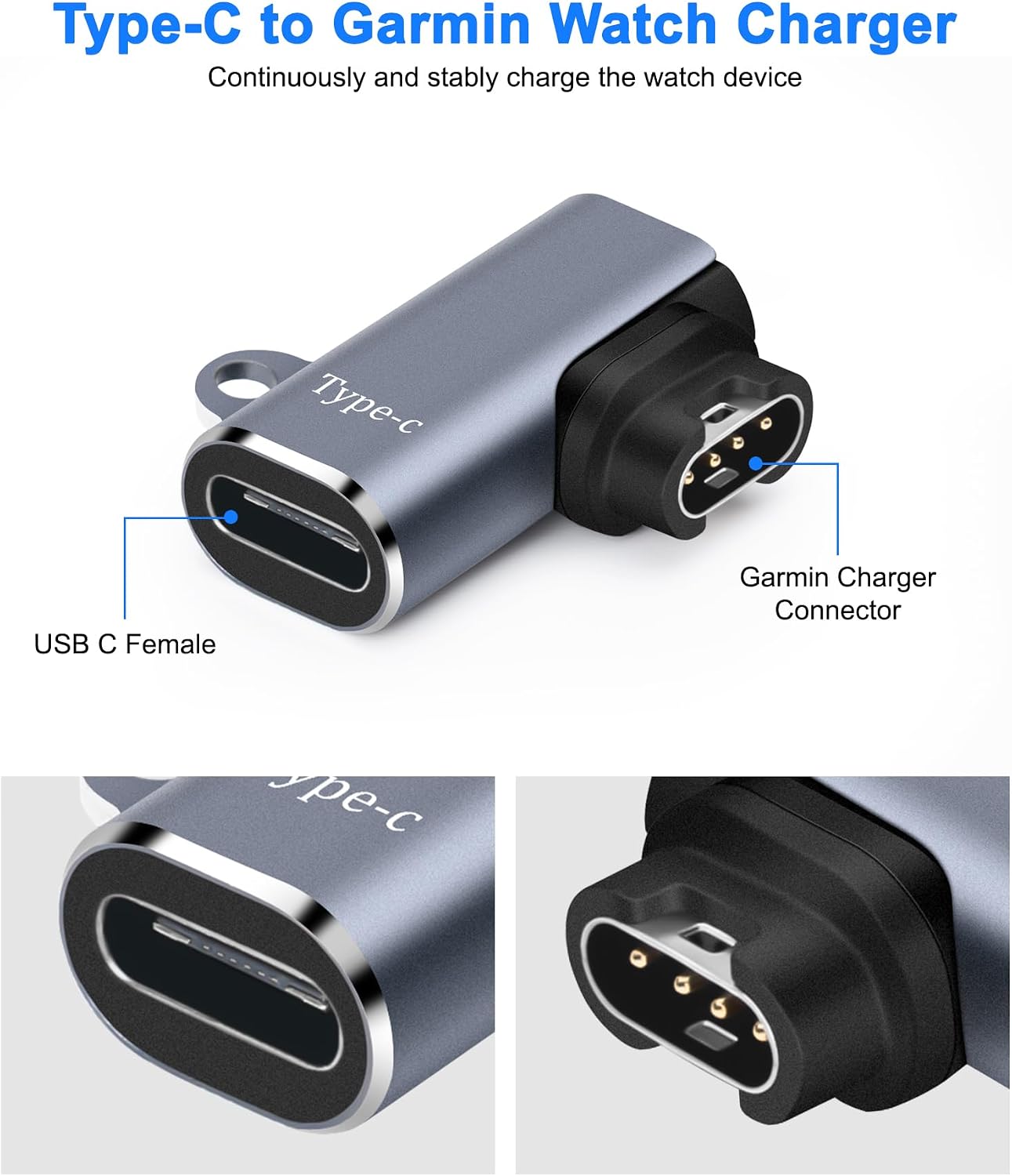 Detalle 2 de Watch Charging Adapter by AIYEEN: USB-C Female to Male Right-Angle Charger for Garmin Watches