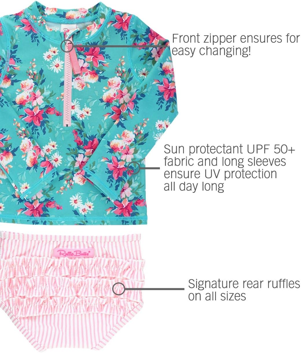 Thumbnail 3 de RuffleButts Baby/Toddler Girls Long Sleeve Rash Guard 2-Piece Swimsuit Set with UPF 50+ Sun Protection and Zipper