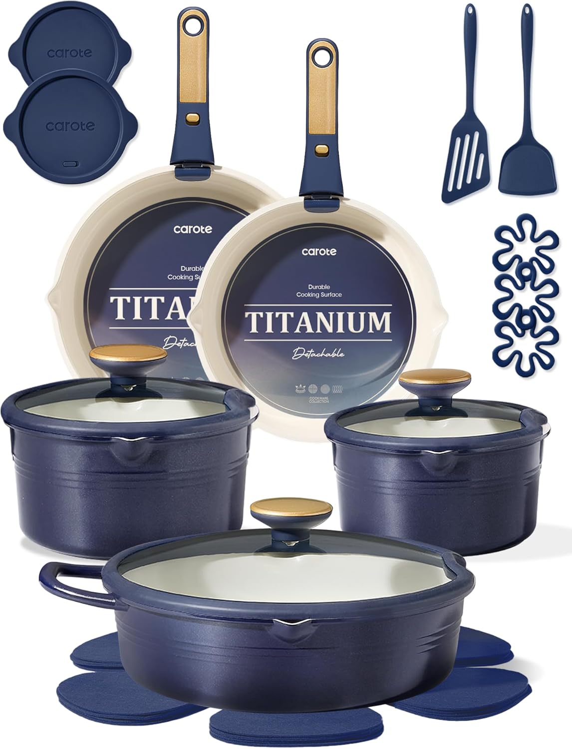 Detalle de CAROTE 22-Piece Titanium Cookware Set with Detachable Handle (Blue)