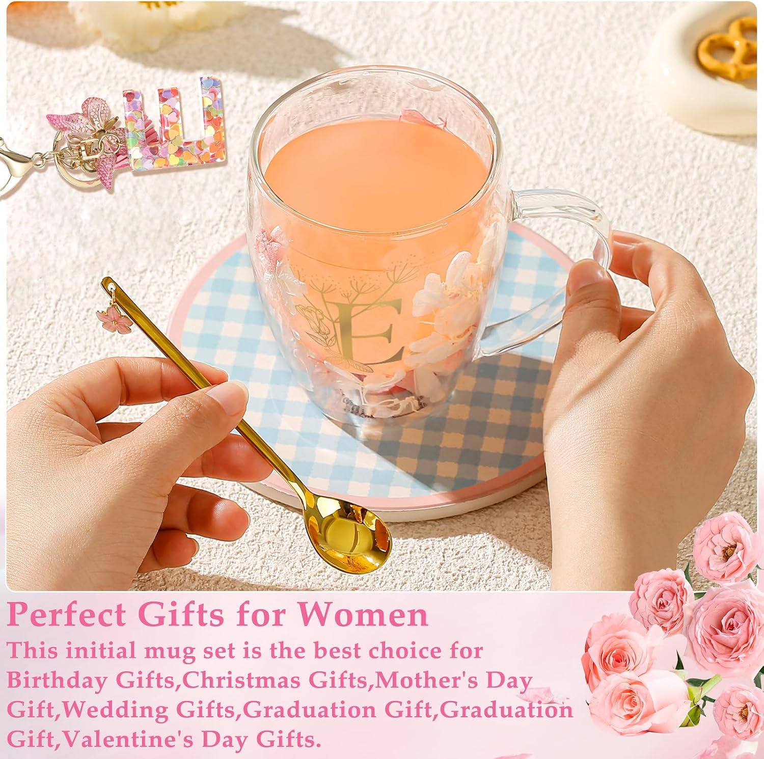 Detalle de Gifts for Women Glass Coffee Mugs – Personalised Double-Walled Pink Floral Cup
