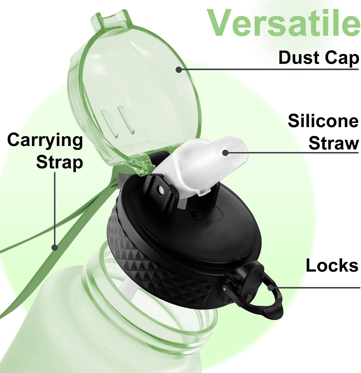 Detalle de GOPPUS 350ml Kids Water Bottle with Straw Lid, Strap and Time Markers (Sage Green Ombre)