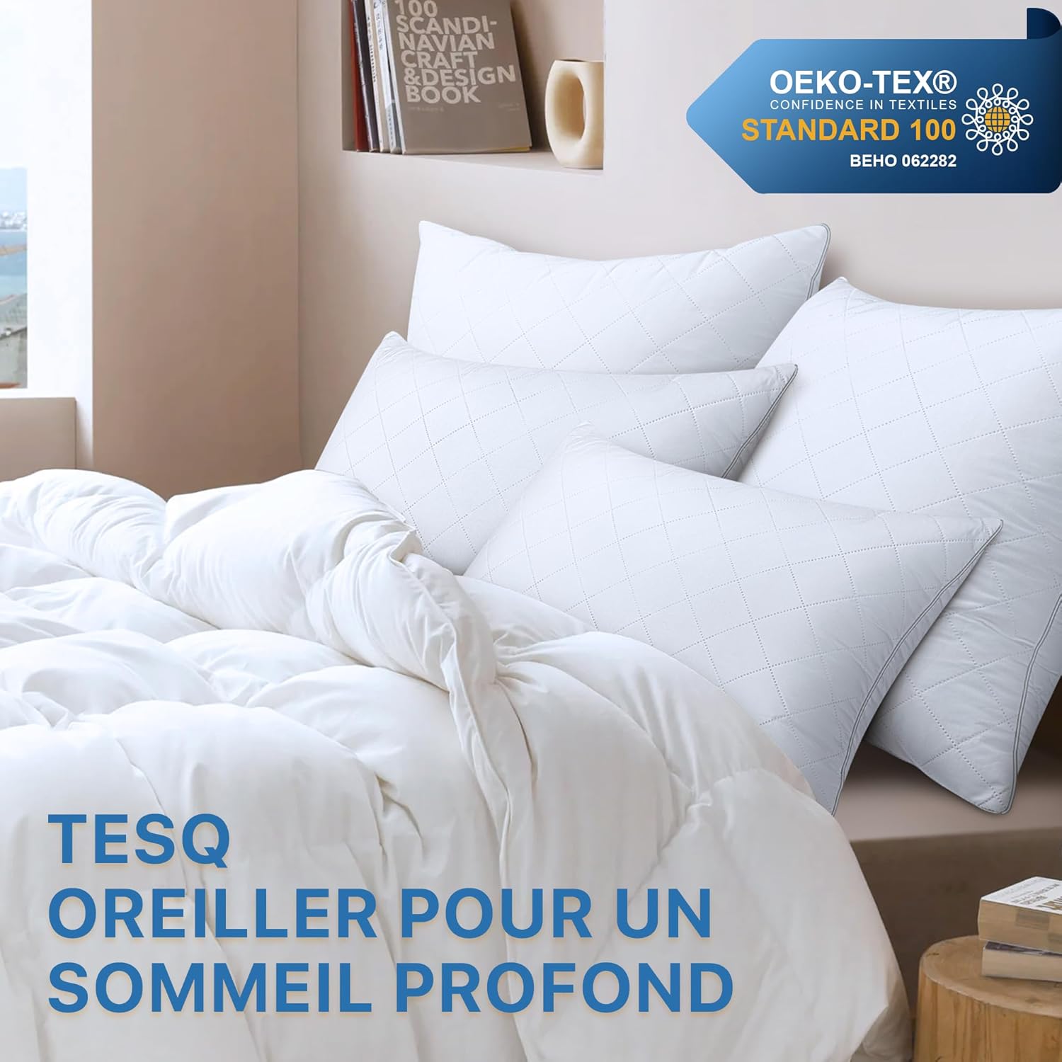 Thumbnail 6 de TESQ oreiller 65x65 cm (lot de 2) – confort moelleux, respirant et hypoallergénique certifié Oeko-TEX