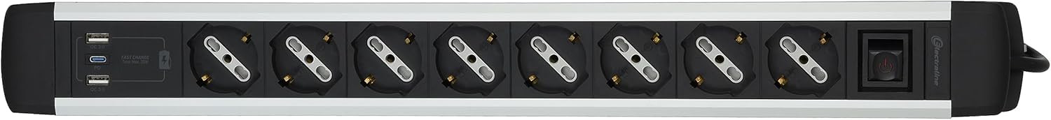 Detalle de Electraline 61922 Alu-Line: Multipresa 8 Posti con USB PD, Schuko e Interruttore luminoso