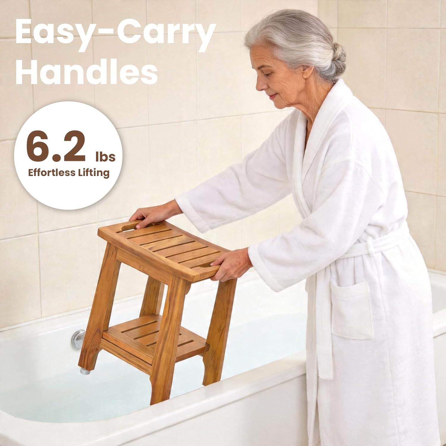 Thumbnail 3 de NNN 14" Compact Teak Shower Stool with Shelf & Handle (300 lbs)