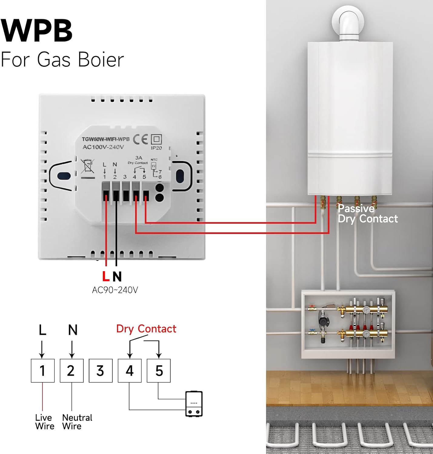 Detalle 2 de BEOK CONTROLS TGW60W-WIFI-WPB slimme thermostaat met wifi en weekprogramma