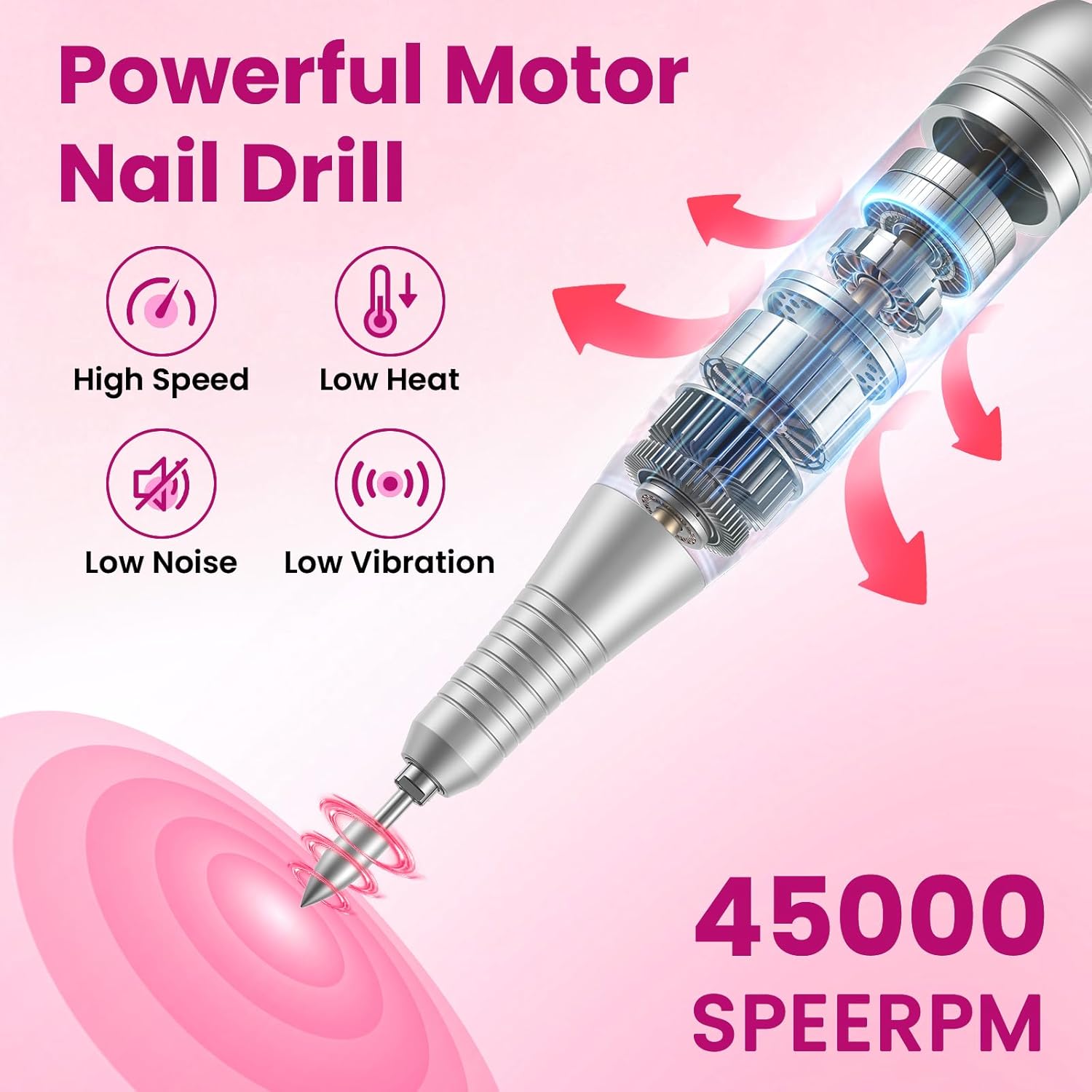 Detalle de PKBD 45000 u/m Professioneller tragbarer Nagelfräser mit 11 Aufsätzen – Für Acryl, Gel und Naturnägel