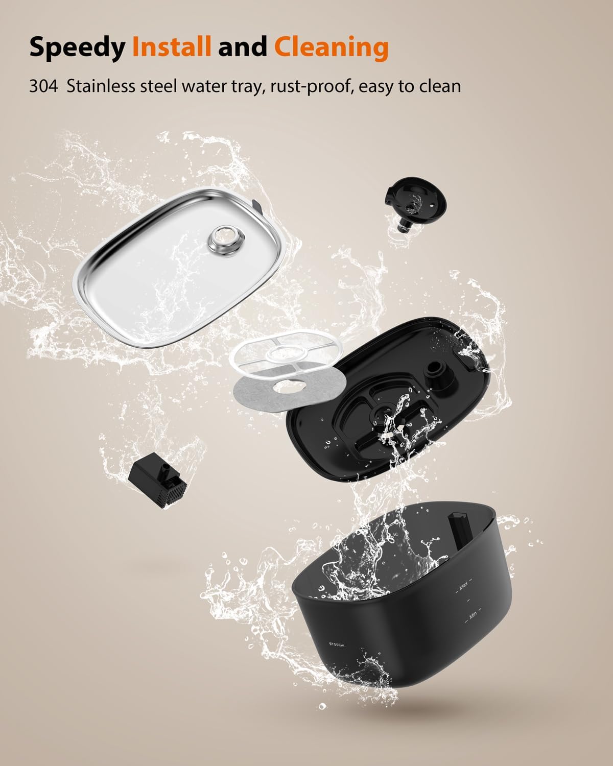 Detalle 2 de Stouchi Katzenbrunnen 2,5 L – Leise Edelstahl-Trinkbrunnen mit LED, BPA-frei, inkl. 2 Filtern