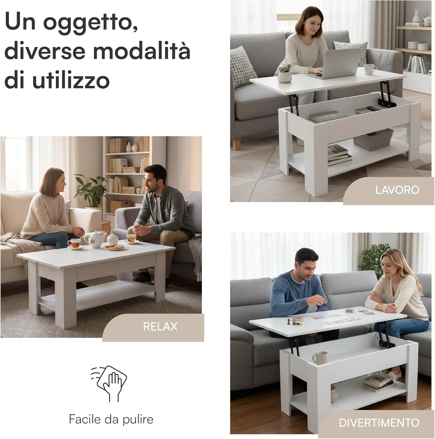 Thumbnail 6 de Baroni Home Tavolino da Caffè con Piano Sollevabile e Contenitore Interno – bianco, 100x40x41,5 cm