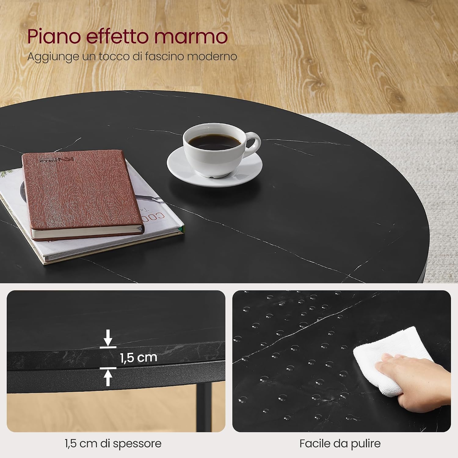 Detalle de VASAGLE Tavolino da salotto rotondo LCT071B58 effetto marmo nero con ripiano in vetro temperato