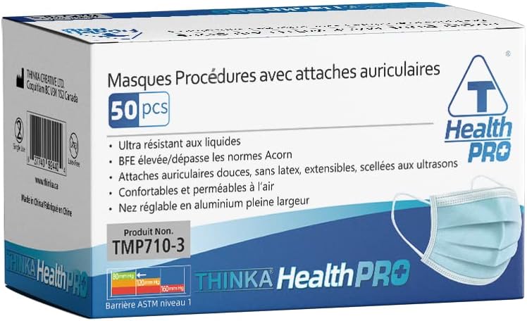 Detalle de THINKA Procedure Mask, 50-Pack, ASTM Level 1, Blue with Ear Loops