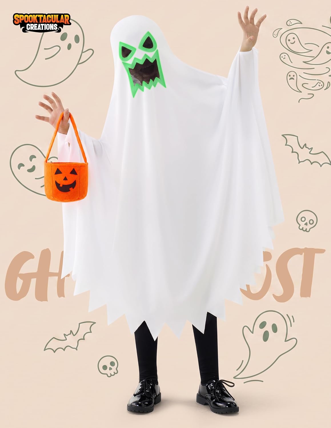 Detalle de Spooktacular Creations Kids’ Ghost Costume with Pumpkin Basket