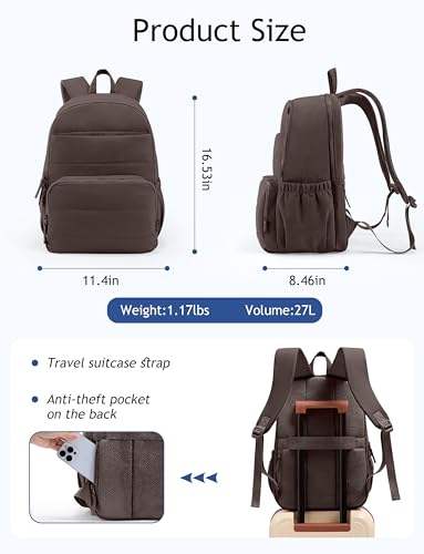 Detalle de Uselike Travel Backpack for Women, 15.6 Inch Laptop Backpack, Quilted 18L Water-Resistant Daypack (Dark Brown)