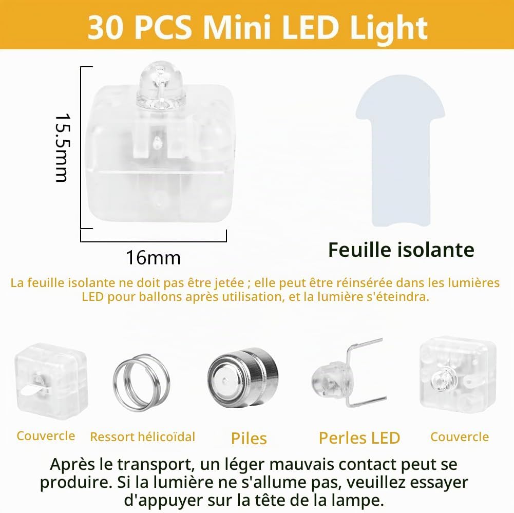 Detalle de AUAUY 30 vierkante mini-ledlampjes voor ballonnen, warmwit constant licht