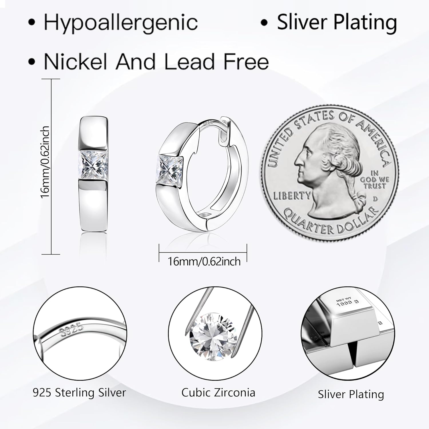 Thumbnail 1 de ALEXCRAFT Silber 925 Ohrringe Kleine Creolen – hypoallergen, Zirkonia, 16 mm