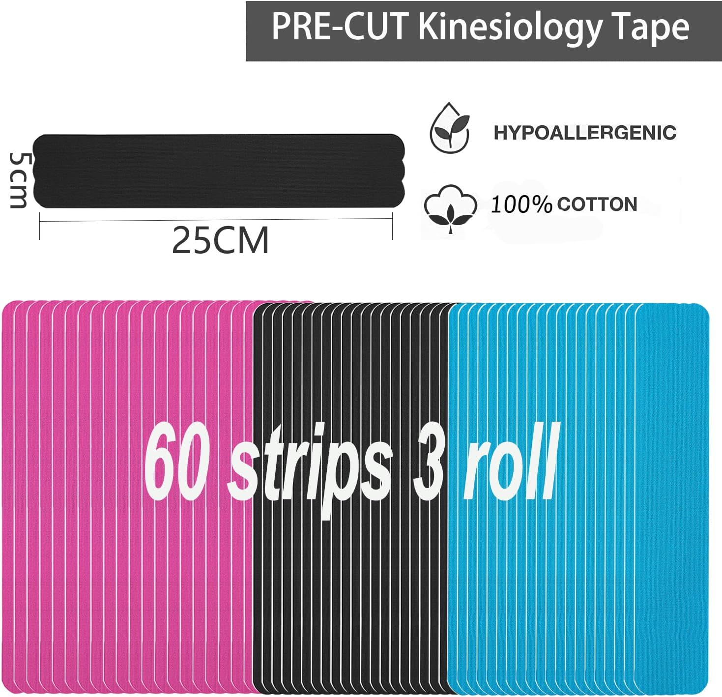 Thumbnail 1 de Kinesiology Tape Pro Athletic Sports (3 Rolls, 60 Precut Strips) Waterproof Latex-Free Cotton Tape for Sports Support