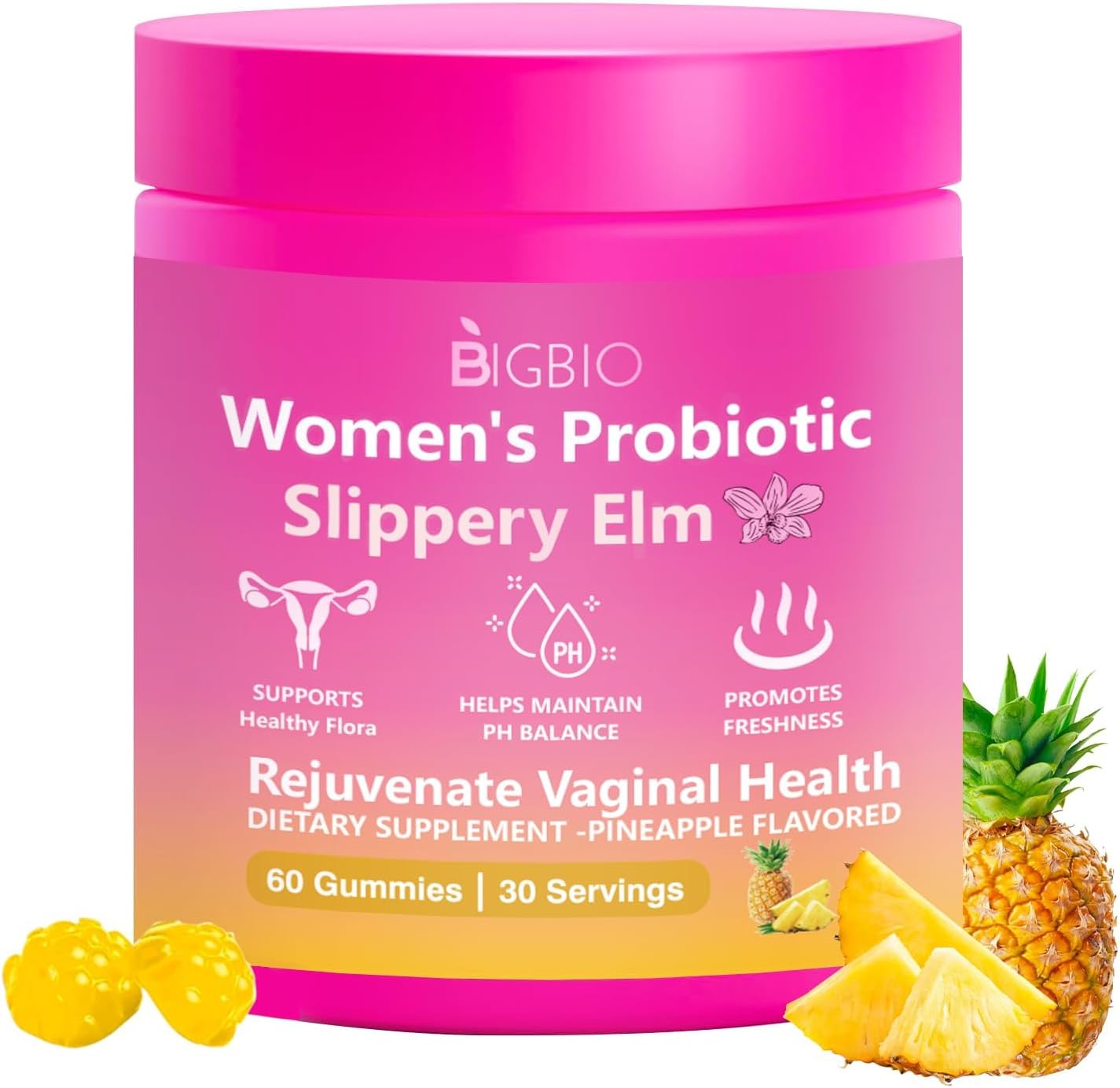 Detalle de BIGBIO Feminine Probiotics Gummies, Sugar-Free Pineapple, 60 Count