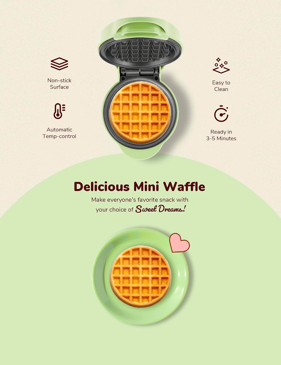 Thumbnail 3 de Bestron Mini-Waffeleisen AMW500G Mint Matt – kompakt, antihaftbeschichtet, geeignet für Kindergeburtstage & Festlichkeiten