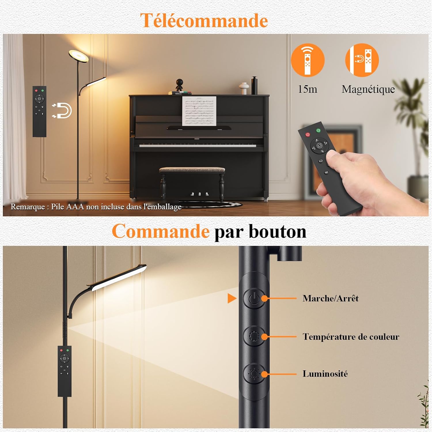 Detalle de Lampadaire LED Dimmable 42W avec Liseuse et Télécommande Magnétique – éclairage polyvalent pour salon et chambre