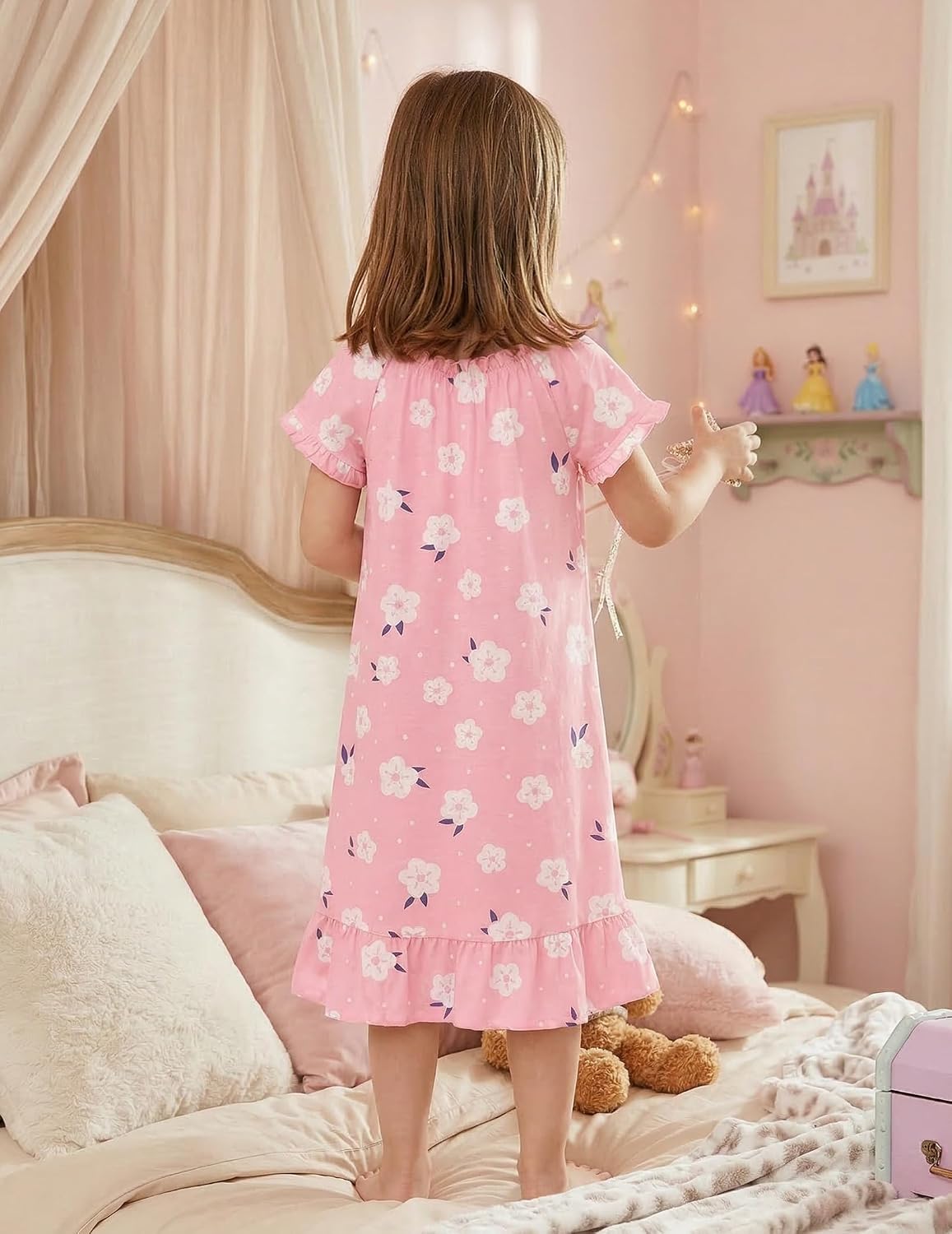 Detalle de Arshiner Girls' Short-Sleeve Princess Nightgown, 95% Polyester, 5% Spandex