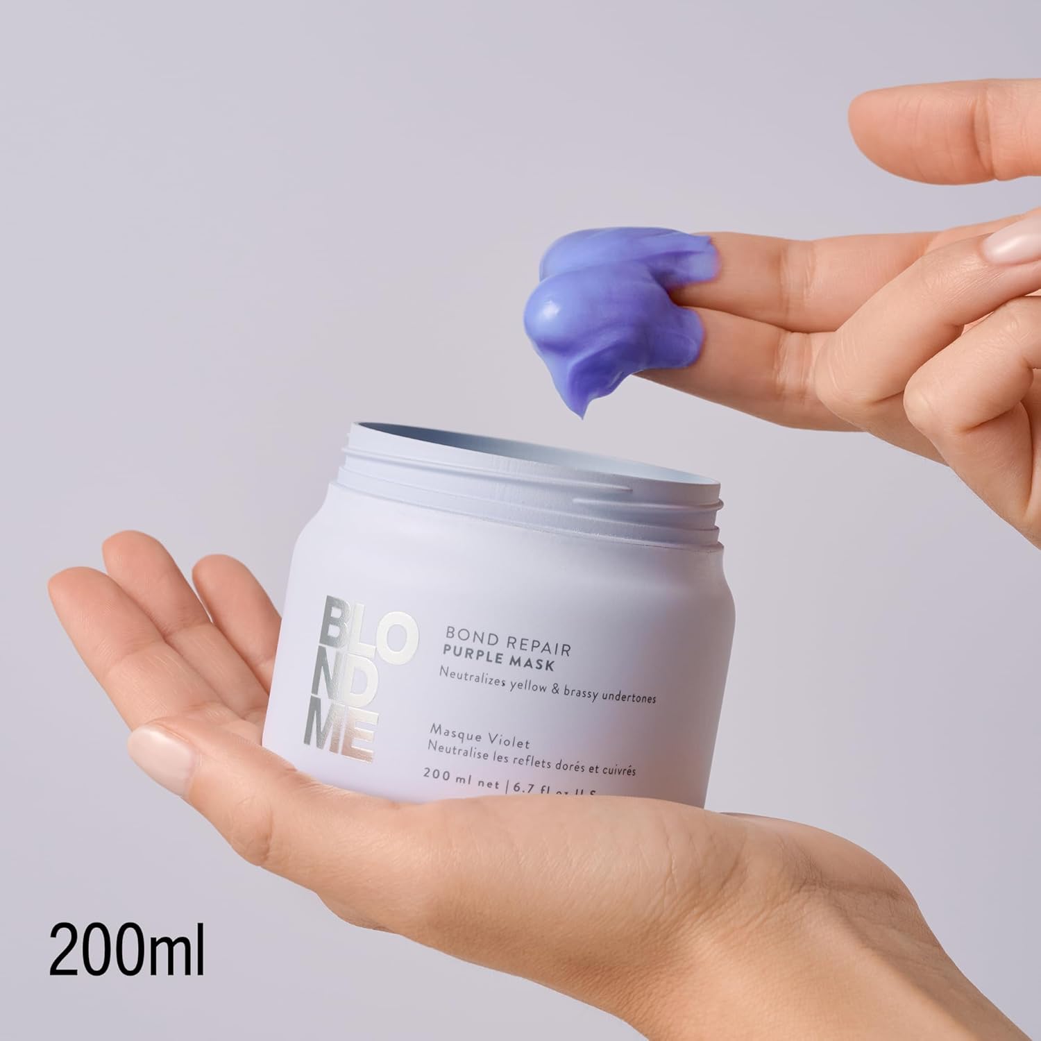 Detalle de BLONDME Bond Repair Purple Mask – Ausgleichende Haarpflege für gefärbtes Blondhaar (200 ml)