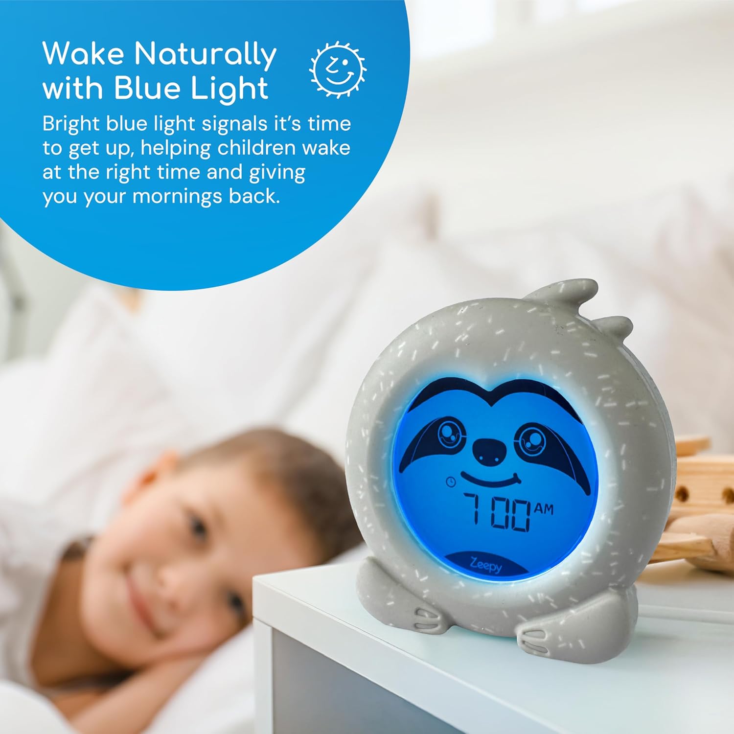Detalle 2 de Zeepy 2-Phase Sleep Trainer Clock by Slumber the Sloth: USB-Powered Toddler Clock for Peaceful Nights