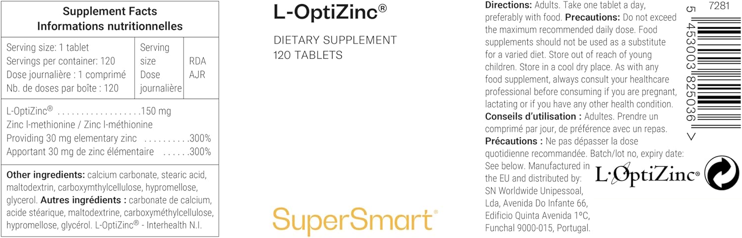 Thumbnail 1 de L-OptiZinc Supersmart, zinc bisglycinate chélaté (30 mg de zinc élémentaire) pour peau et os