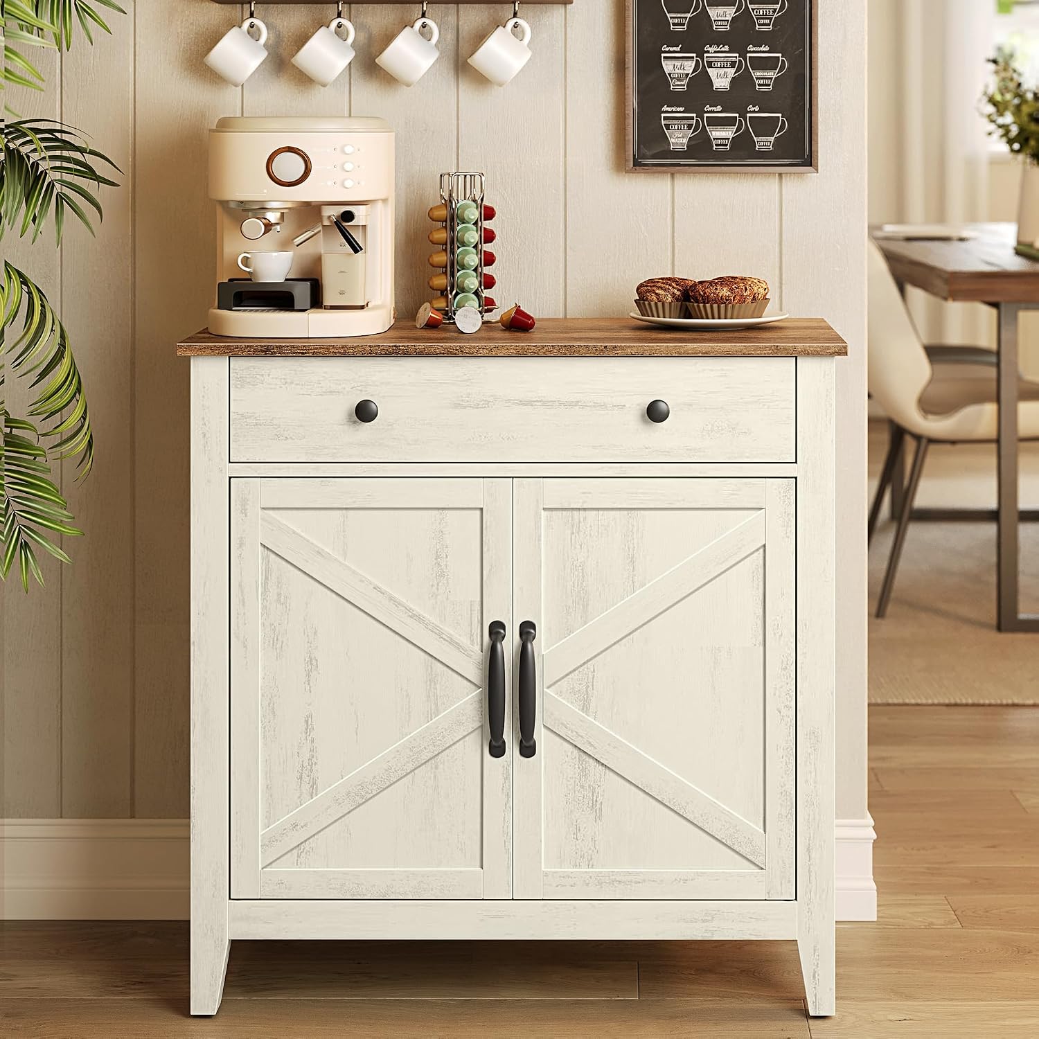 Detalle de VASAGLE UBBK341W01 Farmhouse Coffee Bar Cabinet with Adjustable Shelf