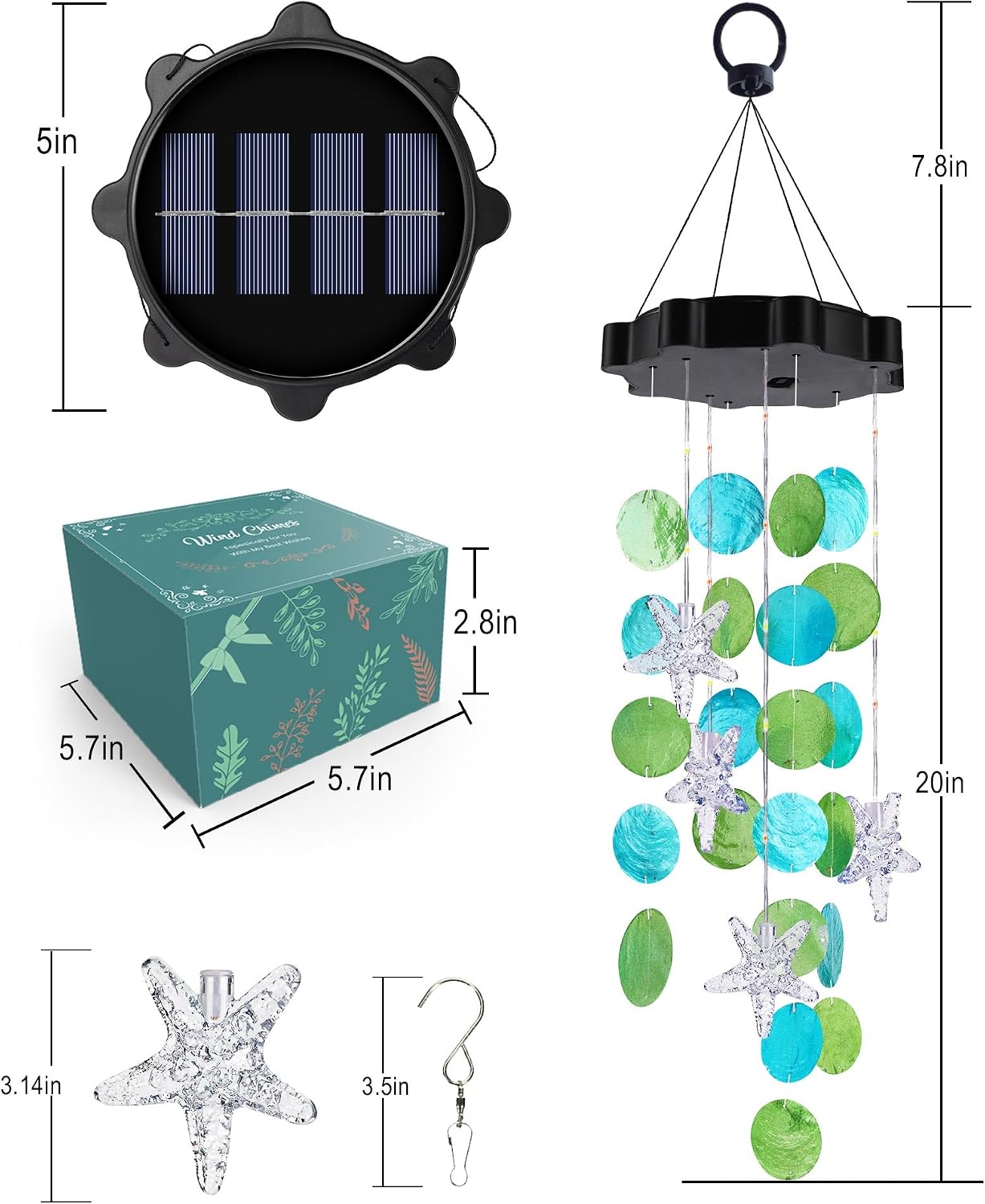 Thumbnail 6 de Toodour S18-WC04 Solar Shell Wind Chime, Blue & Green, 2 Lighting Modes
