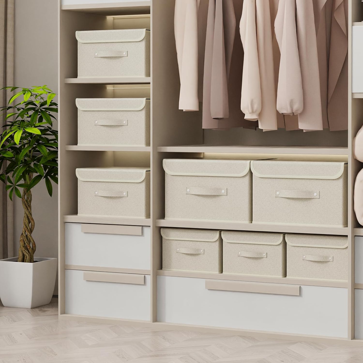 Detalle 2 de ENUMAIL 3er Set Stoff-Aufbewahrungsboxen mit Griff und Deckel (faltbar) 33×23×20 cm, Grau & Beige