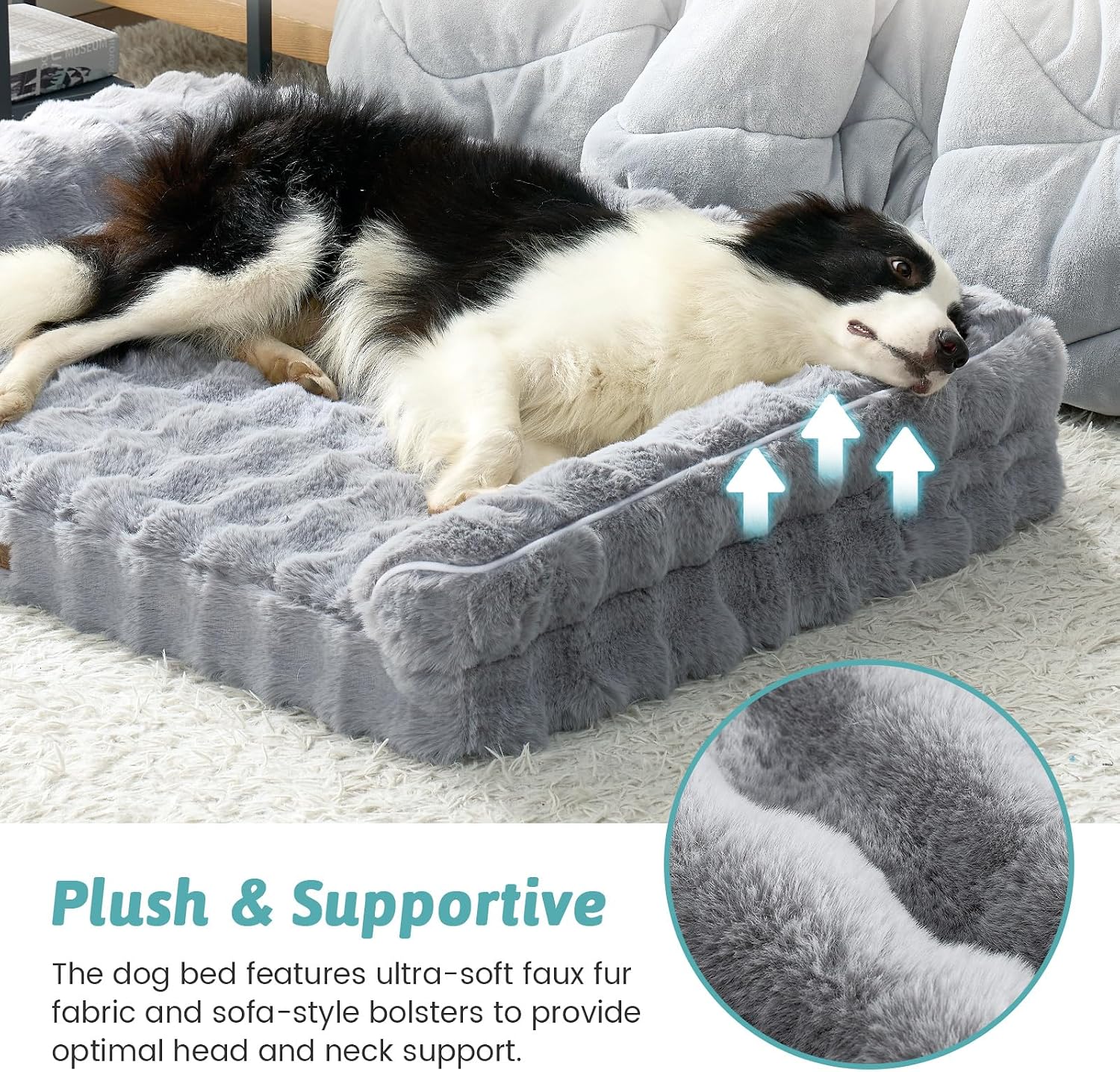 Detalle de COZY KISS Faux Fur Orthopedic Dog Bed (XXL) – Foam Sofa with U-Shape Bolster, Grey