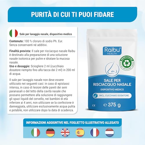 Detalle 2 de RAIBU sale per lavaggi nasali, formato XXL da 150 porzioni con misurino