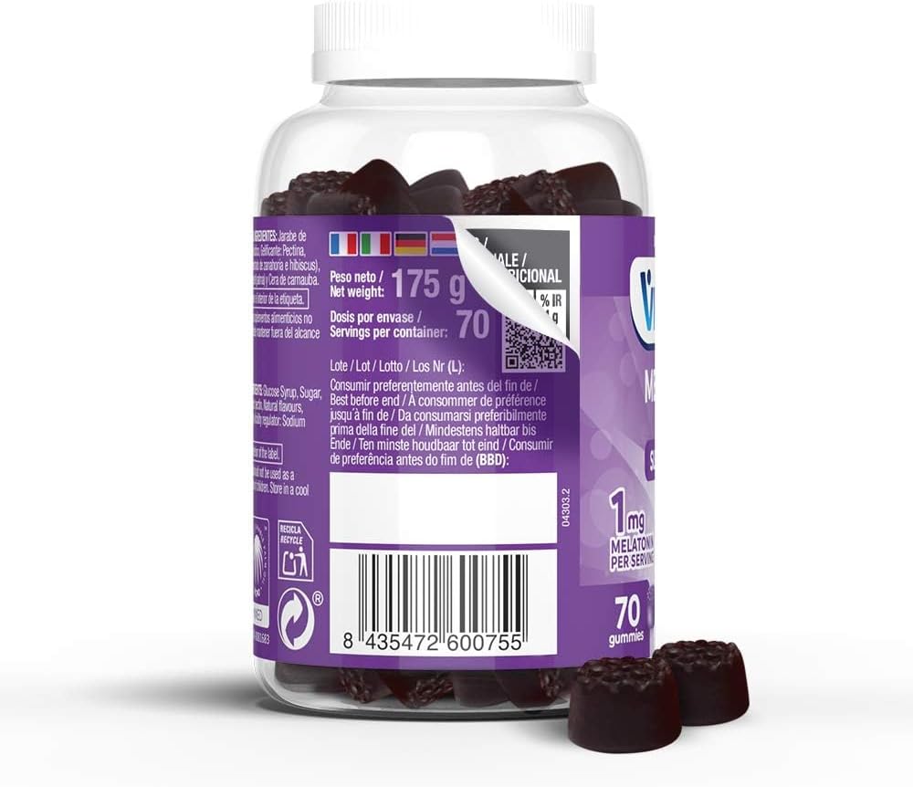 Detalle de VITALDIN Mélatonine Gummies – 70 gommes (1 mg par dose) au goût mûre, sans gluten