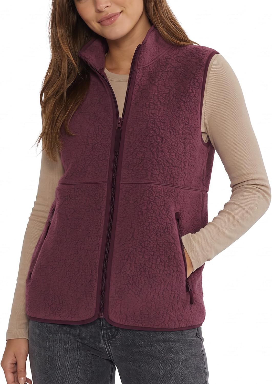 Detalle 2 de Hixiaohe Women's Sherpa Fleece Vest, Lightweight Zip-Up with Mock Neck and Pockets